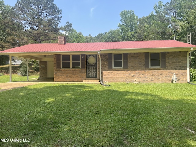 850 Friendship Rd, Ashland, MS 38603 - ranch-style home with brick siding, a carport, a front lawn, and a chimney