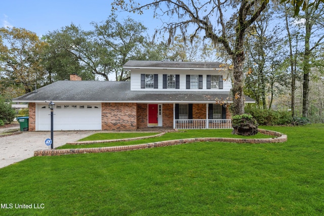 view of front of property featuring covered porch, a garage, and a front lawn