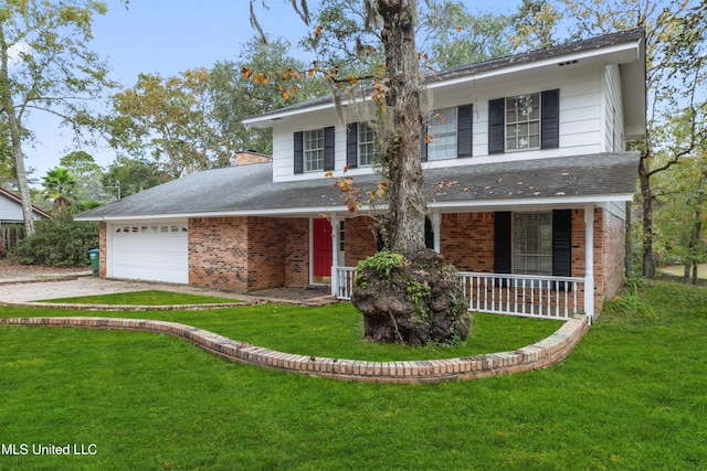 front facade featuring a porch, a garage, and a front lawn