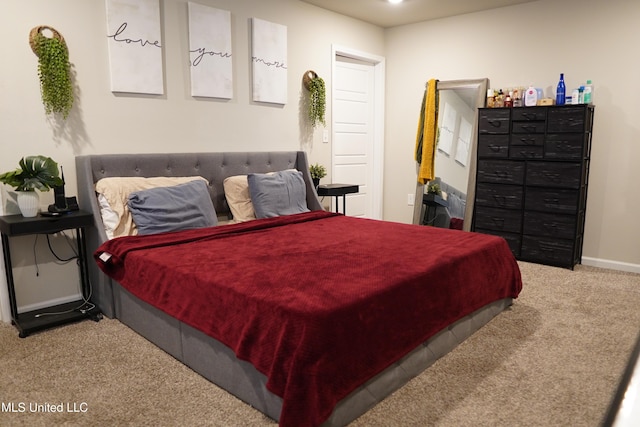 bedroom featuring recessed lighting, carpet flooring, and baseboards