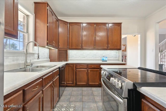 kitchen with black dishwasher, sink, backsplash, crown molding, and electric stove