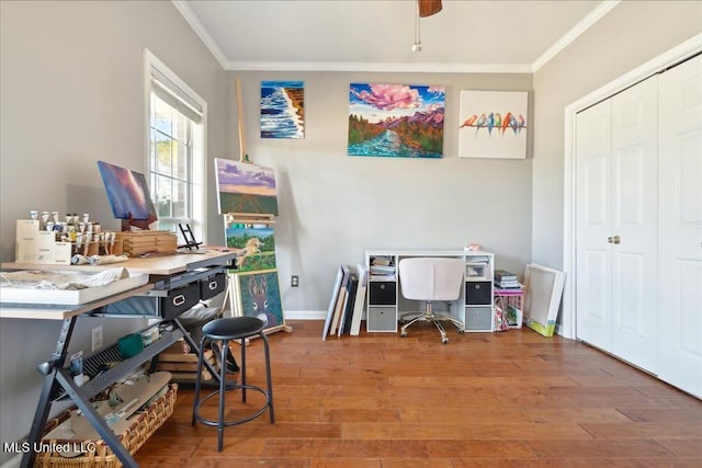 office area with hardwood / wood-style floors, crown molding, and ceiling fan