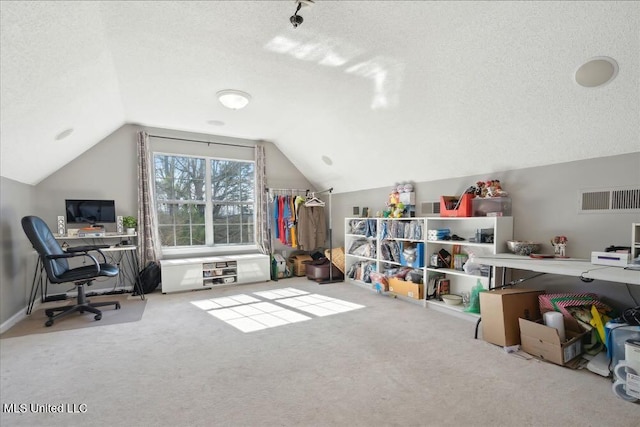 carpeted office space with lofted ceiling and a textured ceiling