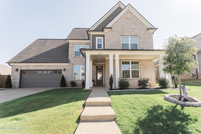 view of front of house with brick siding, a shingled roof, a garage, driveway, and a front lawn