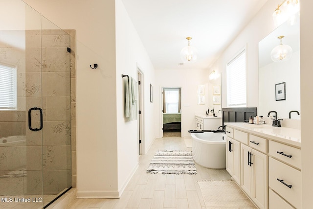 bathroom featuring baseboards, two vanities, a freestanding tub, a shower stall, and a sink