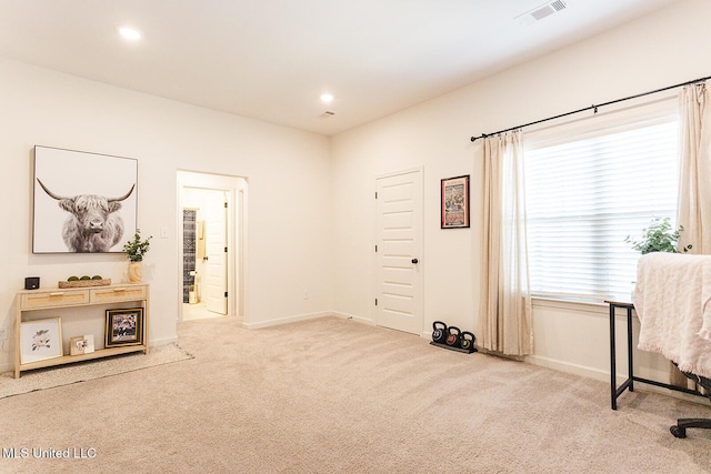 miscellaneous room with carpet, visible vents, baseboards, and recessed lighting