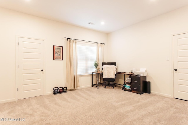 office area with carpet, visible vents, baseboards, and recessed lighting