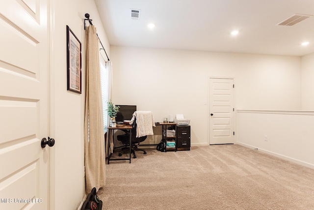 home office featuring baseboards, carpet flooring, visible vents, and recessed lighting