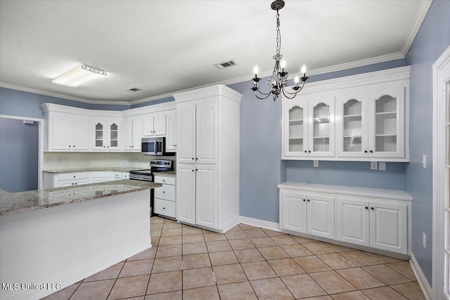 kitchen with light stone countertops, white cabinetry, stainless steel appliances, crown molding, and decorative light fixtures