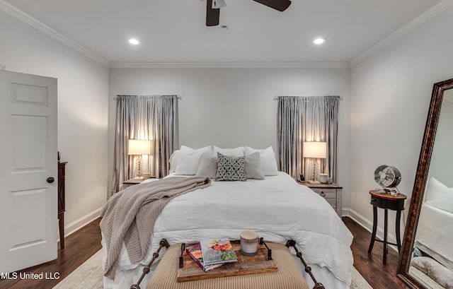 708 Oak Trl, Canton, MS 39046 - bedroom featuring crown molding, baseboards, dark wood-type flooring, recessed lighting, and ceiling fan