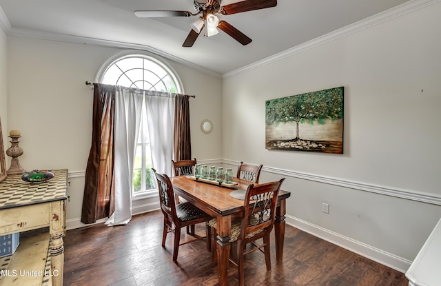 708 Oak Trl, Canton, MS 39046 - dining space featuring a ceiling fan, vaulted ceiling, wood finished floors, ornamental molding, and baseboards