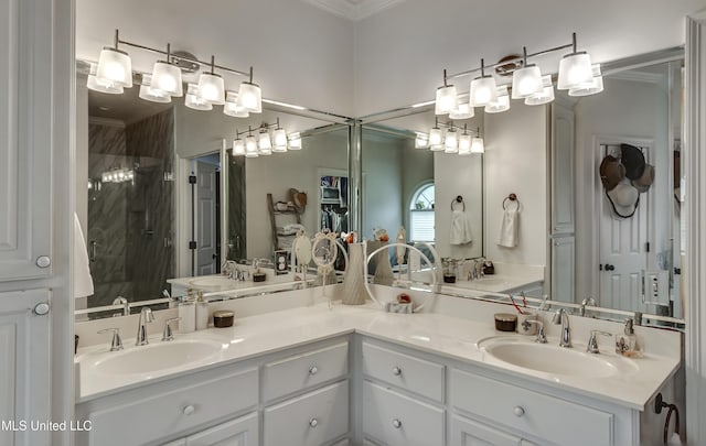 708 Oak Trl, Canton, MS 39046 - bathroom featuring a shower stall, double vanity, and crown molding