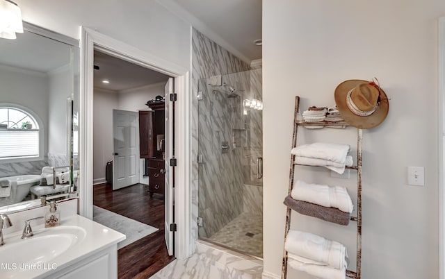 708 Oak Trl, Canton, MS 39046 - full bathroom featuring a shower stall, vanity, ornamental molding, and marble look tile flooring