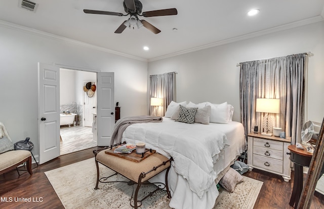 708 Oak Trl, Canton, MS 39046 - bedroom with dark wood-type flooring, ornamental molding, recessed lighting, a ceiling fan, and baseboards