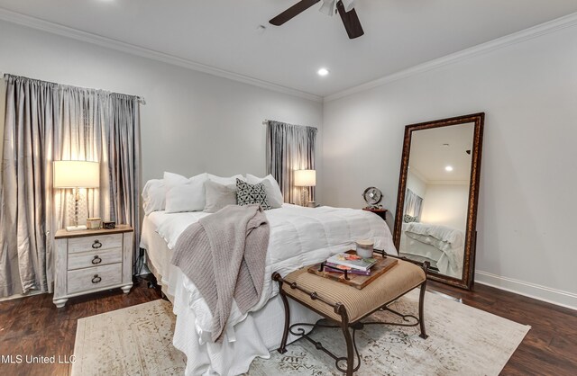 708 Oak Trl, Canton, MS 39046 - bedroom featuring dark wood-style floors, crown molding, baseboards, recessed lighting, and a ceiling fan