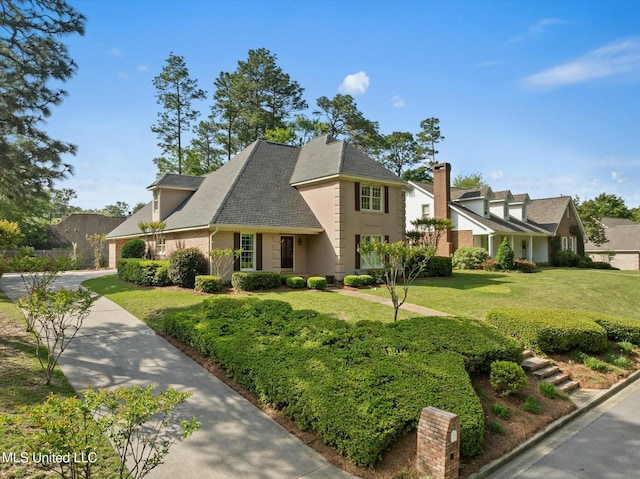 view of front facade featuring concrete driveway, roof with shingles, stucco siding, a front lawn, and a garage