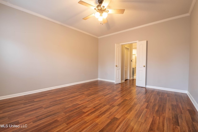 empty room with ceiling fan, baseboards, dark wood finished floors, and crown molding