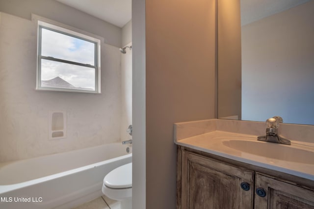 bathroom with  shower combination, vanity, toilet, and tile patterned floors