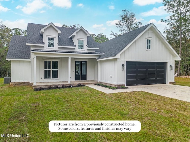 modern inspired farmhouse featuring a shingled roof, board and batten siding, covered porch, and cooling unit