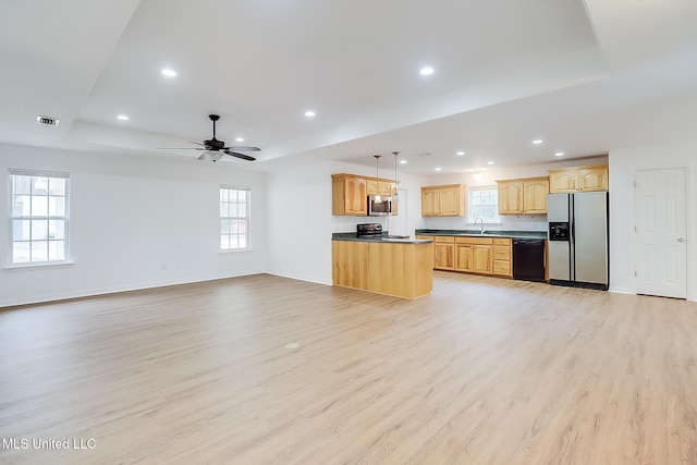 kitchen with open floor plan, stainless steel appliances, dark countertops, and a raised ceiling