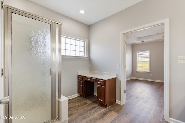 bathroom with vanity, hardwood / wood-style flooring, and a shower with shower door