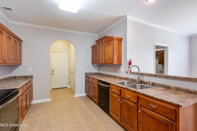 kitchen featuring stainless steel electric stove, kitchen peninsula, dishwasher, crown molding, and sink