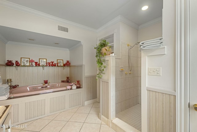 bathroom with tile patterned flooring, independent shower and bath, and crown molding