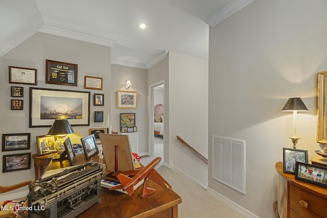 office space featuring carpet floors and crown molding