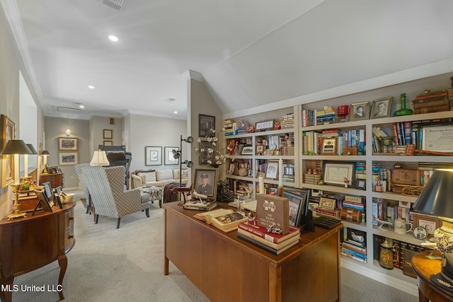 carpeted office space with lofted ceiling and crown molding