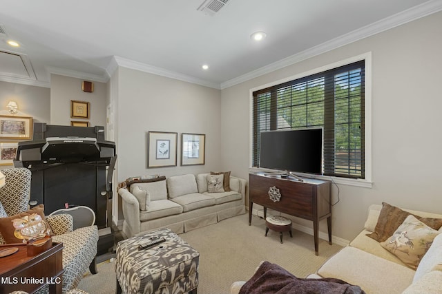 living room featuring light colored carpet and crown molding