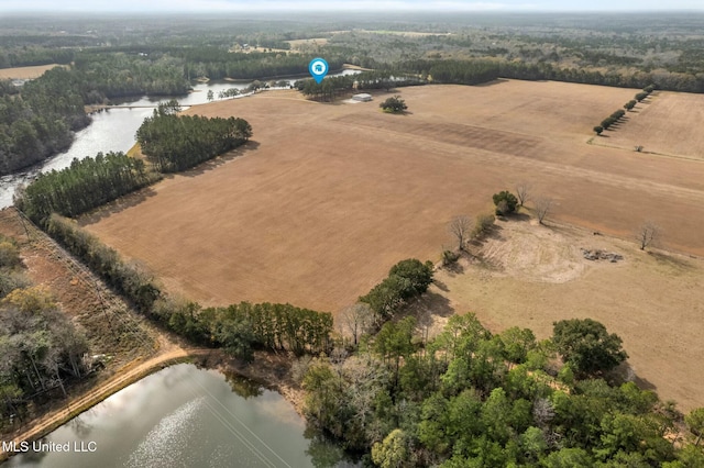 aerial view with a water view and a rural view