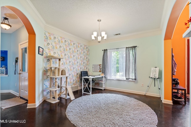 6308 Skyler Rd, Walls, MS 38680 - office area with a textured ceiling, a chandelier, crown molding, and arched walkways