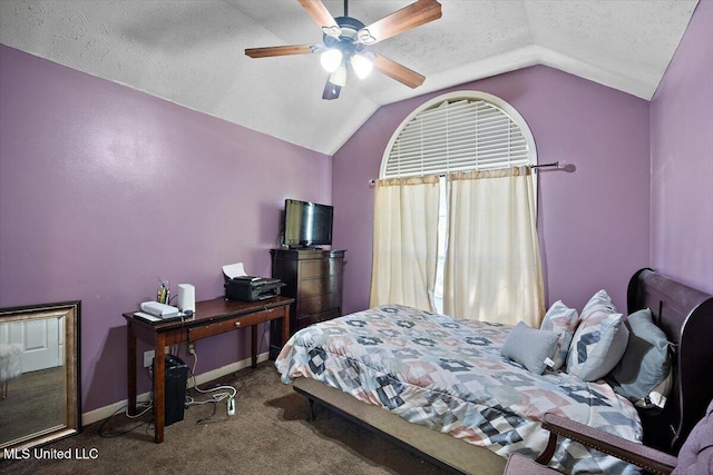 505 Golden Eagle Dr, Byram, MS 39272 - bedroom featuring carpet floors, vaulted ceiling, a textured ceiling, a ceiling fan, and an office area