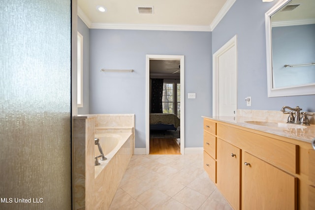 bathroom featuring vanity, tile patterned flooring, a relaxing tiled tub, and ornamental molding