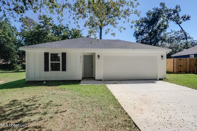 single story home featuring a front yard and a garage