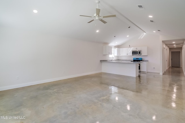 unfurnished living room featuring beamed ceiling, high vaulted ceiling, ceiling fan, and sink