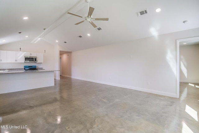 unfurnished living room featuring beam ceiling, high vaulted ceiling, and ceiling fan