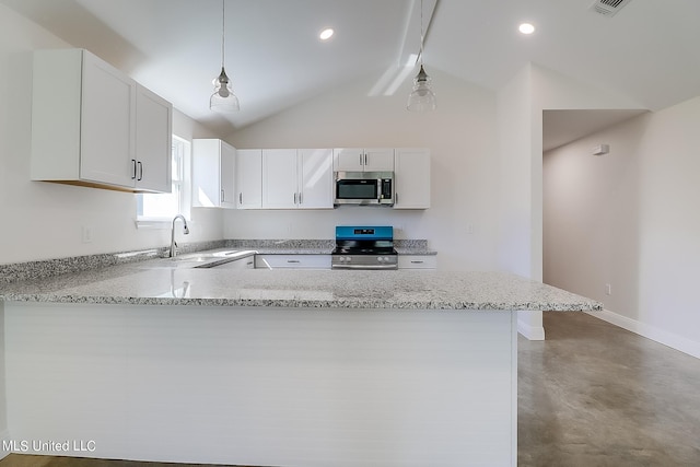 kitchen featuring white cabinets, decorative light fixtures, lofted ceiling with beams, and stainless steel appliances