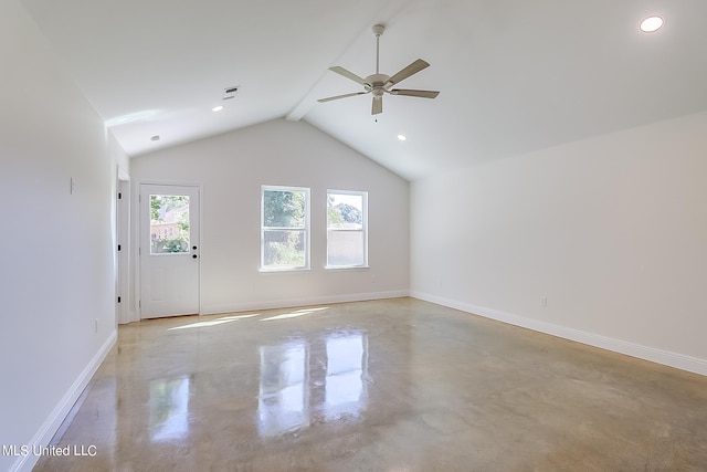 interior space featuring lofted ceiling with beams and ceiling fan