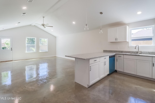 kitchen with lofted ceiling, dishwasher, concrete flooring, and a wealth of natural light