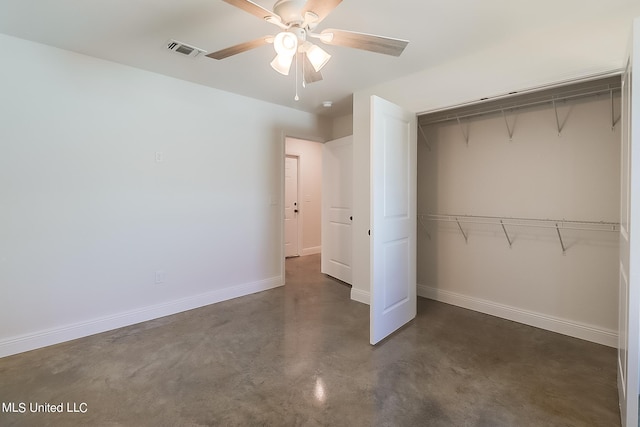 unfurnished bedroom featuring a closet and ceiling fan