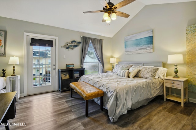 bedroom with dark wood-type flooring, vaulted ceiling, access to outside, and ceiling fan