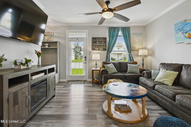 living room with ceiling fan, ornamental molding, and dark hardwood / wood-style floors