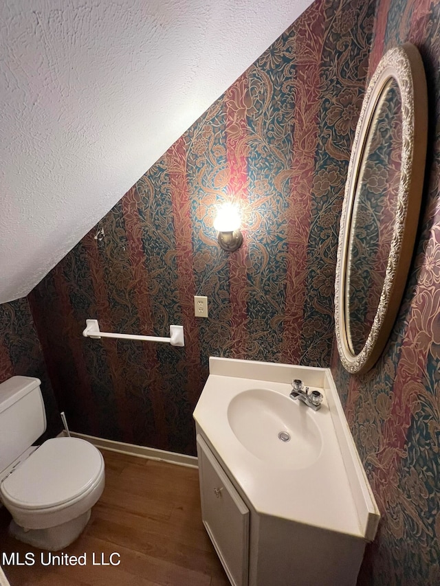 bathroom with toilet, lofted ceiling, hardwood / wood-style floors, and vanity