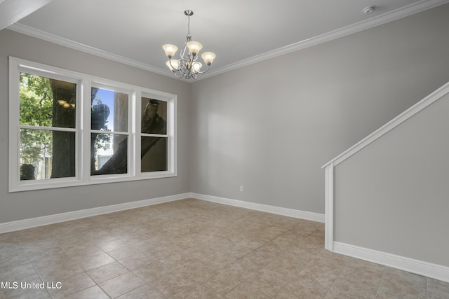 tiled spare room featuring crown molding and an inviting chandelier