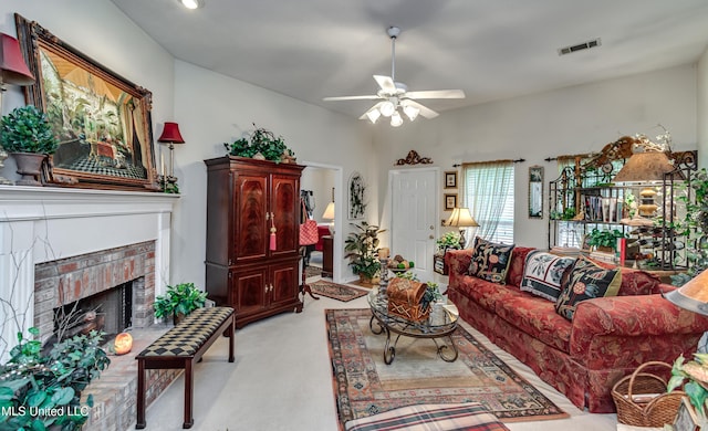 814 Lynwood Ln, Pearl, MS 39208 - living room featuring light colored carpet, ceiling fan, and a brick fireplace