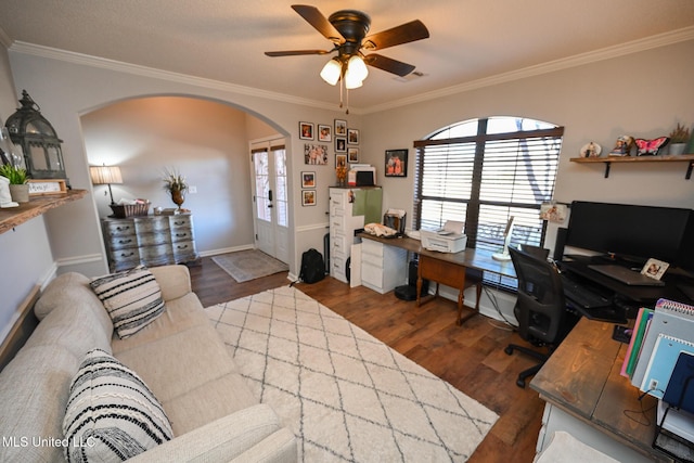 living room with ceiling fan, dark hardwood / wood-style flooring, french doors, and crown molding