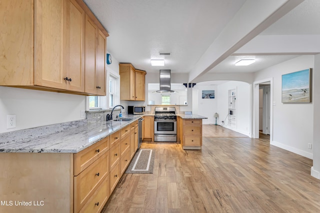 kitchen featuring appliances with stainless steel finishes, sink, light stone counters, light hardwood / wood-style flooring, and exhaust hood