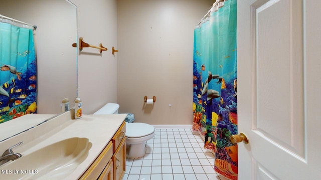 bathroom with tile patterned flooring, vanity, and toilet