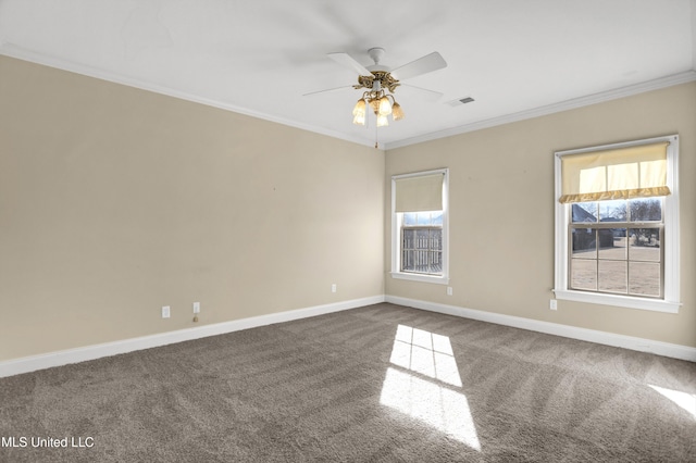 unfurnished room with ceiling fan, ornamental molding, and carpet flooring